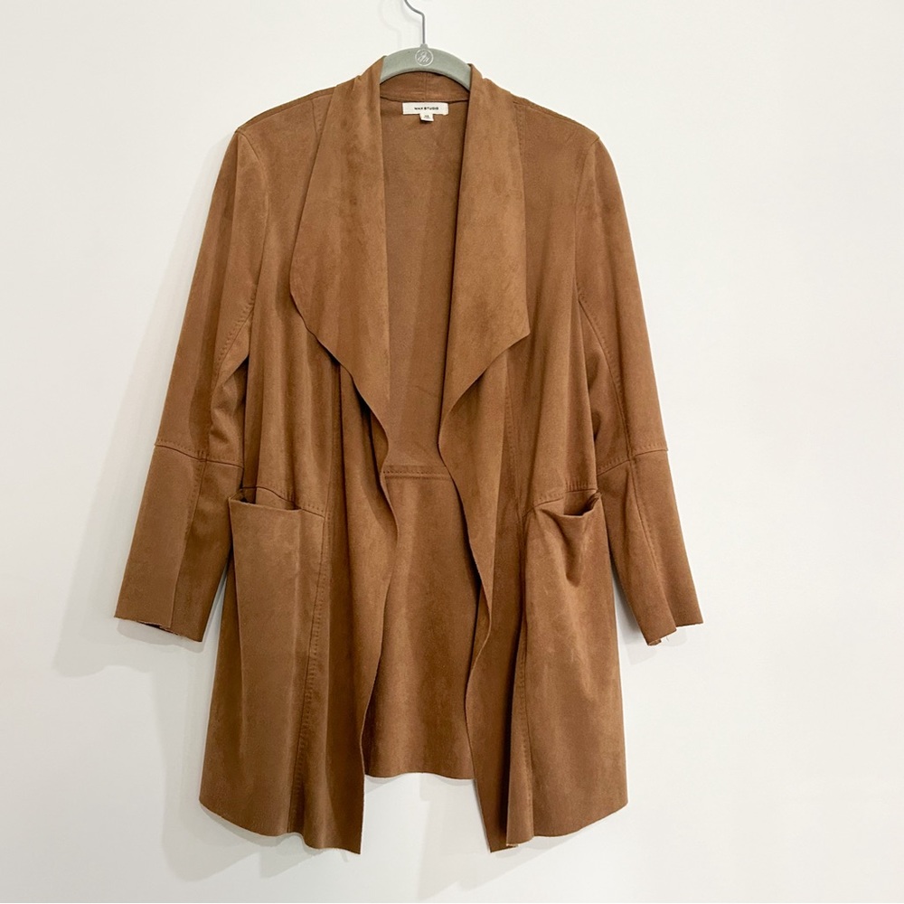 Max studio luxe faux suede topper duster cardigan jacket brown tan - Picture 2 of 5
